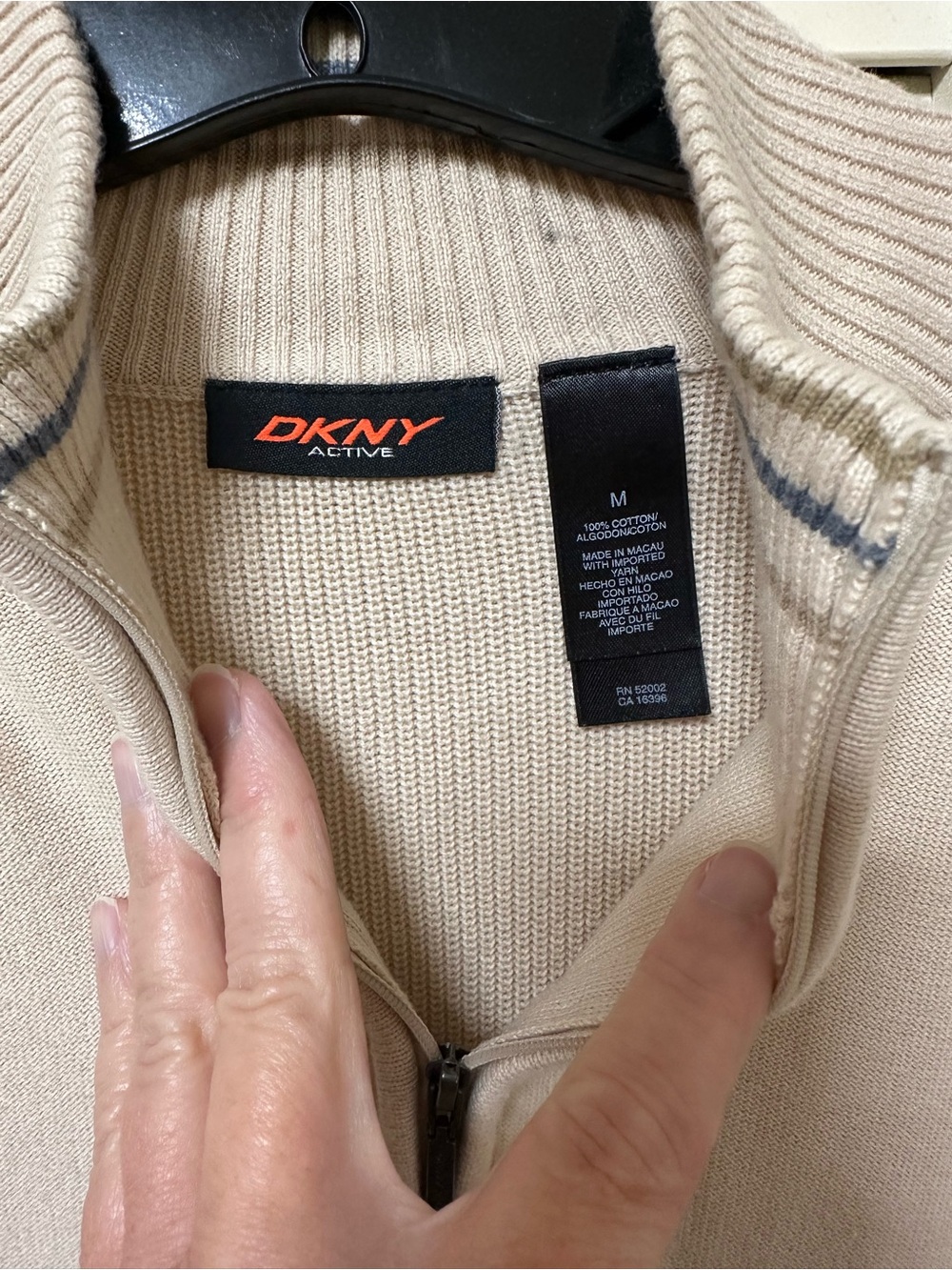 DKNY Active Men's Beige Zip-Up Sweater with Subtle Navy Stripe